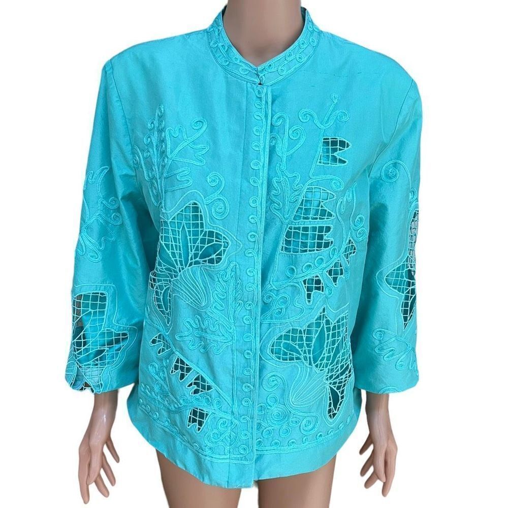 Norm Thompson vintage 100% silk teal jacket blazer size PL